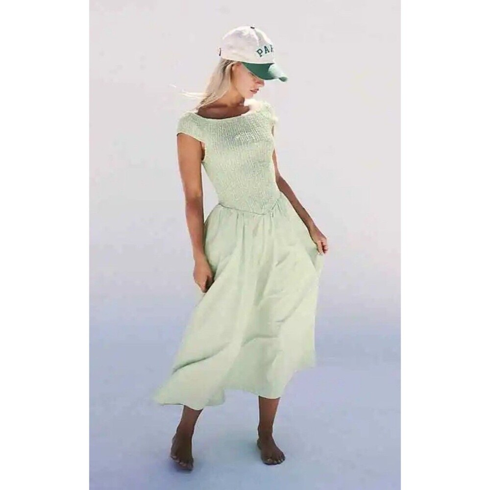 Free People Midi Dress Mint Ceci Smock Cotton Preppy  Vacation Resort Small NWT
